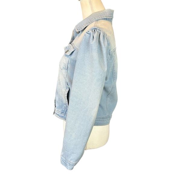 Baccini Jacket Women Petite Sz PS Light Blue Wash Cropped Ruched Shoulders Denim - Picture 7 of 12